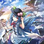  bangs bird black_hat blue_hair blue_skirt blue_sky bow bowtie building center_frills cloud cloudy_sky collared_shirt day feathers floating_hair floating_island floating_rock food fruit hat hat_tip highres hinanawi_tenshi janne_cherry long_hair looking_at_viewer outdoors peach puffy_short_sleeves puffy_sleeves red_bow red_eyes red_neckwear shirt short_sleeves skirt sky solo sword_of_hisou touhou very_long_hair white_shirt wing_collar 
