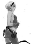 breasts ears fate/grand_order fate/prototype fate/prototype:_fragments_of_blue_and_silver fate_(series) gloves goshiki_suzu greyscale hairband hassan_of_serenity_(fate) holster leotard medium_breasts monochrome profile short_hair 