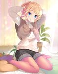  :q blonde_hair blue_eyes blush esia_mariveninne full_body hairdressing hands_in_hair komone_ushio long_hair looking_at_viewer no_shoes original pantyhose pantyhose_under_shorts pink_legwear plant ponytail potted_plant ribbed_sweater shorts sitting solo sweater tongue tongue_out tying_hair wariza 