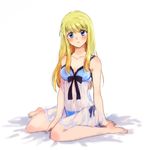  alternate_hairstyle babydoll barefoot between_legs blonde_hair blue_eyes blue_panties blush breasts cleavage collarbone commentary_request earrings eyebrows_visible_through_hair fullmetal_alchemist groin hand_between_legs jewelry lingerie long_hair medium_breasts navel panties ponytail sitting sketch sleepwear solo tsukuda0310 underwear wariza white_background winry_rockbell 