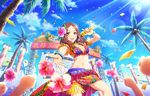  arm_garter artist_request bangle bead_bracelet beads bikini blue_sky bracelet breasts brown_eyes brown_hair choker cleavage cloud cloudy_sky coconut concert confetti day eyebrows_visible_through_hair eyes_visible_through_hair festival floral_print flower frilled_bikini frills gem glint hair_flower hair_ornament hibiscus holding holding_microphone idol idolmaster idolmaster_cinderella_girls idolmaster_cinderella_girls_starlight_stage jewelry leg_garter lens_flare light_rays long_hair looking_at_viewer medium_breasts microphone midriff multicolored multicolored_bikini multicolored_clothes navel necklace o-ring_belt official_art outdoors outstretched_hand palm_tree pink_flower print_bikini sarong sawada_marina screen sky solo_focus stage stage_lights standing stomach sunbeam sunlight swimsuit tassel throwing tree 