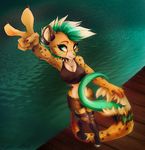  5_fingers anthro cheetah clothed clothing eyelashes feline female fur green_eyes green_nose green_tongue mammal midriff monster_tail orange_fur punxsimon smile solo spots spotted_fur standing water wide_hips 