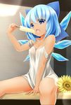  blue_eyes blue_hair blue_ribbon bow cirno eating eyebrows_visible_through_hair food hair_bow hidden_star_in_four_seasons holding holding_food ice ice_wings looking_at_viewer off_shoulder open_mouth popsicle ribbon shirt short_hair solo strap_slip tan tanned_cirno touhou tukiyofree white_shirt wings 