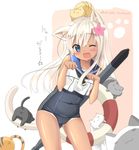  ;d akitsuki_tsukasa animal animal_ears animal_on_head black_swimsuit blonde_hair blue_eyes blue_sailor_collar blush cat cat_ears cat_on_head cat_tail covered_navel crop_top flower hair_flower hair_ornament kantai_collection lifebuoy looking_at_viewer on_head one-piece_swimsuit one-piece_tan one_eye_closed open_mouth paw_pose paw_print ro-500_(kantai_collection) sailor_collar school_swimsuit smile swimsuit swimsuit_under_clothes tail tan tanline too_many too_many_cats torpedo translated twitter_username 