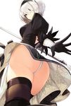  ass back_cutout black_dress black_hairband black_legwear blue_eyes dress feather-trimmed_sleeves from_below hairband highleg highleg_leotard holding holding_sword holding_weapon juliet_sleeves leotard long_sleeves miruto_netsuki mole mole_under_mouth nier_(series) nier_automata no_blindfold outstretched_hand puffy_sleeves short_dress silver_hair simple_background solo sword thighhighs thighhighs_under_boots thighs vambraces weapon white_background white_leotard yorha_no._2_type_b 