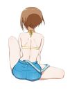 arms_at_sides ass back bare_arms bare_legs bikini bouen brown_hair commentary_request facing_away from_behind full_body halterneck highres idolmaster idolmaster_cinderella_girls kitami_yuzu short_hair sitting solo suspenders suspenders_slip swimsuit transparent_background 