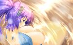  annes_(g) blue_eyes blue_hair breasts dragon_girl floating_breasts from_above g_(desukingu) highres large_breasts long_hair looking_at_viewer looking_back nipples nude original parted_lips purple_hair solo water 