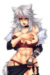  1girl abs angry animal_ears belt breasts choker cleavage covering_breasts crescentia deathblight deathblight_rpg ferania_(deathblight) fingerless_gloves game_cg garters gloves hand_on_hip jacket large_breasts lips lipstick long_hair long_nails looking_at_viewer midriff miniskirt nail_polish navel panties red_eyes red_panties skirt solo standing tail tank_top thighhighs torn_clothes white_hair wolf_girl zettai_ryouiki zipper 