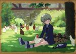  bird blue_eyes blush chicken clothes_writing colored_eyelashes commentary_request dress grass hat hat_removed headwear_removed kantai_collection looking_to_the_side military military_uniform moss neckerchief open_mouth outdoors rooster sailor_collar sailor_dress sailor_hat shijukara_(great_tit) short_hair silver_hair sitting solo stone_wall tareme traditional_media tree under_tree uniform wall watercolor_(medium) z1_leberecht_maass_(kantai_collection) 