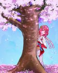 behind_tree capelet cherry_blossoms elbow_gloves fingerless_gloves fire_emblem fire_emblem_if flower gloves hair_flower hair_ornament hairband highres japanese_clothes kimono leaning looking_at_viewer nontraditional_miko obi open_mouth pink_eyes pink_hair ribbon sakura_(fire_emblem_if) sash short_hair smile solo standing thighhighs tyotto_ko_i white_gloves white_legwear 