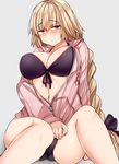  alternate_costume bad_revision bangs bikini bikini_under_clothes black_bikini blonde_hair blue_eyes blush braid breasts cleavage closed_mouth cover embarrassed eyebrows_visible_through_hair fate/apocrypha fate/grand_order fate_(series) grey_background hood hood_down hooded_sweater jacket jeanne_d'arc_(fate) jeanne_d'arc_(fate)_(all) large_breasts long_hair looking_at_viewer lossy_revision md5_mismatch midriff navel pink_sweater sabujiroko sideboob simple_background single_braid sitting solo sweater swimsuit thighs unzipped very_long_hair zipper 