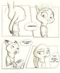  2017 anthro canine clothed clothing dialogue disney duo english_text female fox greyscale judy_hopps lagomorph male mammal monochrome nick_wilde rabbit simple_background sprinkah text white_background zootopia 