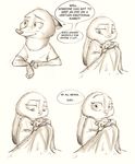  2017 anthro bedding blanket canine clothed clothing comic crossed_arms dialogue disney duo english_text female fox greyscale judy_hopps lagomorph male mammal monochrome nick_wilde rabbit simple_background sprinkah text white_background zootopia 