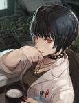  bangs black_hair breasts burari cactus choker coffee_mug commentary cup fingernails holding holding_cup jewelry keyboard_(computer) labcoat lipstick looking_at_viewer makeup medium_breasts mug nail_polish necklace parted_lips pen persona persona_5 phone red_eyes red_nails solo takemi_tae 