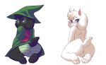  anthro backsack balls black_fur blue_eyes blush butt caprine clothing deltarune eyewear fur glasses goat hat kneeling male mammal panties ralsei robe scarf shinsuke simple_background solo underwear white_fur 