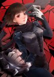  absurdres artist_name biker_clothes blurry bodysuit braid brown_hair clenched_hand commentary corset cowboy_shot depth_of_field gloves hands_up highres hips holding holding_mask holding_weapon lips looking_at_viewer mask mask_removed midori_matsui niijima_makoto parted_lips persona persona_5 red_eyes scarf solo spikes weapon 