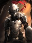  arm_belt armor arms_at_sides blurry blurry_background breastplate buckler cave chainmail full_armor goblin_slayer goblin_slayer! helmet male_focus sendrawz shield shoulder_armor solo spaulders standing wind 