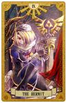  androgynous bandages blonde_hair braid card_(medium) carrying hat long_hair mask pointy_ears red_eyes reverse_trap sheik solo surcoat suzumiya_misa tarot the_legend_of_zelda the_legend_of_zelda:_ocarina_of_time the_legend_of_zelda:_twilight_princess 