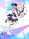  anklet blush collarbone flower_(vocaloid) jewelry long_hair midriff navel purple_eyes running sandals simple_background sinaooo skirt sleeveless thigh_strap vocaloid water water_gun 