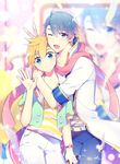  ahoge belt blonde_hair blue_hair blurry blurry_background blush collarbone gloves holding holding_microphone kagamine_len kaito male_focus microphone multiple_boys one_eye_closed open_mouth project_diva_(series) project_diva_x scarf screen short_hair sinaooo smile sparkle v vocaloid waistcoat waving 