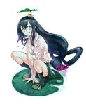  2016 ;q animal animal_on_head asui_tsuyu black_hair boku_no_hero_academia breasts brown_eyes cleavage dated dripping eyebrows_visible_through_hair frog frog_on_head full_body green_skirt hair_between_eyes hair_rings hands_on_floor lily_pad long_hair long_sleeves low-tied_long_hair medium_breasts miniskirt on_head one_eye_closed pleated_skirt school_uniform shirt signature simple_background skirt solo squatting tongue tongue_out u.a._school_uniform very_long_hair water water_drop wet wet_clothes wet_hair wet_shirt wet_skirt white_background white_shirt yooani 