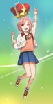  1girl blue_skirt crown full_body highres jacket jumping koharu_yoshino miniskirt open_mouth pink_eyes pink_hair pointing pointing_up sakura_quest sendrawz skirt smile solo 