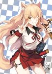  &gt;:) ;) animal_ear_fluff animal_ears bag bangs blonde_hair breasts checkered checkered_background clenched_teeth commentary_request cowboy_shot fate/extra fate/extra_ccc fate/extra_ccc_fox_tail fate_(series) fox_ears fox_tail grin hair_between_eyes highres holding holding_sword holding_weapon katana long_hair looking_at_viewer medium_breasts neck_ribbon nikame one_eye_closed plaid plaid_skirt red_ribbon red_skirt ribbon school_bag sheath shirt short_sleeves signature silhouette skirt smile solo suzuka_gozen_(fate) sword tail teeth v v-shaped_eyebrows weapon wing_collar wristband yellow_eyes 