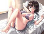  arm_at_side arm_up ass bare_legs barefoot bed_sheet blouse blue_eyes blush bra breasts brown_eyes colored_eyelashes cushion indoors large_breasts looking_at_viewer lying on_back open_blouse open_clothes original panties purple_bra purple_panties short_hair sideboob solo stomach tama_satou toes underwear underwear_only window 