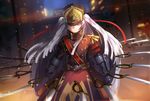  1girl cakefriend city city_lights gunpuku_no_himegimi long_hair military military_uniform re:creators red_eyes silver_hair solo sword uniform unlimited_blade_works weapon 