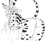  2018 anthro bent_over black_and_white bracelet breasts butt candle ear_piercing feline female jewelry looking_at_viewer looking_back mammal mcfli monochrome piercing presenting presenting_hindquarters pussy raised_tail rear_view serval solo 