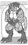  3_fingers 3_toes abs biceps big_breasts border breasts claws clenched_teeth comic fangs female fierce forest greyscale huge_breasts hyper hyper_muscles keanon_woods looking_at_viewer lucario monochrome muscular nintendo pecs pok&eacute;mon quads smile spikes teeth toes tree video_games white_border 
