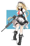  apron assault_rifle black_footwear blonde_hair blue_eyes boots braid fatkewell full_body g36_(girls_frontline) girls_frontline gun leg_garter long_hair maid_apron maid_headdress rifle simple_background solo very_long_hair weapon 