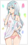  adrenaline!!! ass_visible_through_thighs blue_eyes blush bow clothes_writing cyicheng dripping eromanga_sensei eyebrows_visible_through_hair groin hair_bow head_tilt izumi_sagiri lifted_by_self long_hair looking_at_viewer panties pink_panties pussy_juice pussy_juice_trail shirt side-tie_panties sidelocks silver_hair solo thighs underwear wavy_mouth white_background white_shirt 