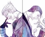  2boys coat fate/grand_order fate_(series) glasses gloves grin james_moriarty_(fate/grand_order) monochrome multiple_boys mustache open_mouth sherlock_holmes_(fate/grand_order) short_hair 