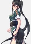  black_eyes black_hair chikuma_(kantai_collection) chikuma_(kantai_collection)_(cosplay) cosplay green_jacket grey_background hair_between_eyes jacket kantai_collection konkito long_hair nachi_(kantai_collection) pelvic_curtain remodel_(kantai_collection) short_sleeves side_ponytail simple_background solo very_long_hair 