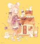  animal_ears blush bow braid candy candy_cane cardigan checkerboard_cookie chocolate cookie food gingerbread_house hair_ribbon holding holding_food light_brown_hair long_hair mouse mouse_ears mouse_tail notched_ear original pantyhose pechika purple_eyes ribbon slippers solo sugar_cube tail tail_bow twitter_username walking wavy_hair yellow_background 