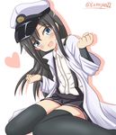  arm_warmers asashio_(kantai_collection) black_hair black_legwear blue_eyes commentary_request hat highres kantai_collection long_hair military military_hat military_uniform naval_uniform open_mouth peaked_cap shirt short_sleeves sitting smile solo suspenders tamayan thighhighs twitter_username uniform wariza white_shirt 