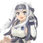  ainu_clothes bad_id bad_pixiv_id bandana basket gauntlets grey_eyes headband highres kamoi_(kantai_collection) kantai_collection long_hair looking_at_viewer miyako_(miyako_lplover) open_mouth simple_background solo thick_eyebrows upper_body white_background white_hair 