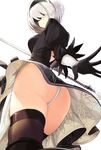  ass back_cutout black_blindfold black_dress black_hairband black_legwear blindfold dress feather-trimmed_sleeves from_below hairband highleg highleg_leotard holding holding_sword holding_weapon juliet_sleeves leotard long_sleeves miruto_netsuki mole mole_under_mouth nier_(series) nier_automata outstretched_hand puffy_sleeves short_dress silver_hair simple_background solo sword thighhighs thighhighs_under_boots thighs vambraces weapon white_background white_leotard yorha_no._2_type_b 