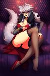  1girl animal_ears bracelet breasts choker cleavage coat crescentia deathblight dress feet ferania_(deathblight) fur high_heels large_breasts lips lipstick long_hair long_nails nail_polish panties red_eyes see-through shoes sitting smile sofa tail thighhighs upskirt white_hair wolf_girl 
