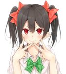  &gt;:) bangs bow bowtie brown_hair closed_mouth collared_shirt commentary_request double_v flat_(joppin_karu!) green_bow green_neckwear hair_between_eyes hair_bow highres long_hair looking_at_viewer love_live! love_live!_school_idol_project otonokizaka_school_uniform red_bow red_eyes school_uniform shirt short_hair simple_background smile solo striped striped_bow striped_neckwear twintails upper_body v v-shaped_eyebrows white_background white_shirt yazawa_nico 
