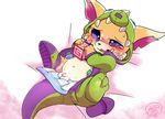  balls bed big_ears block blue_eyes blush brown_fur costume cub diaper diaper_change embarrassed feet fur gnar_(lol) ichiba league_of_legends lying male onesie penis riot_games slippers solo sweat tears video_games yordle young 