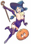  alternate_costume blue_hair breasts cleavage commentary_request deneb_rove dress elbow_gloves glasses gloves hat kagari_atsuko large_breasts little_witch_academia long_hair open_mouth pink_eyes pumpkin red_eyes scarf staff strapless strapless_dress tactics_ogre thighhighs ueyama_michirou ursula_charistes witch_hat 