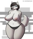  2017 abstract_background anthro big_breasts black_hair blue_eyes breasts canine clothed clothing corporalbackrubs digital_media_(artwork) female fur grey_fur hair hi_res huge_breasts looking_at_viewer mammal navel nipples panties portrait short_hair smile solo thick_thighs three-quarter_portrait topless underwear voluptuous wide_hips wolf 