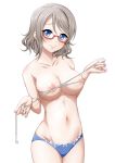  1girl blue_eyes blue_panties blush breasts brown_hair closed_mouth collarbone eyebrows_visible_through_hair glasses large_breasts looking_at_viewer love_live! love_live!_sunshine!! measuring_stick miel_(lessontome) navel nipples panties red-framed_eyewear semi-rimless_eyewear short_hair simple_background smile solo topless under-rim_eyewear underwear underwear_only watanabe_you white_background 