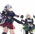  :d :i armor bare_shoulders black_gloves black_legwear blush braid breasts dark_skin detached_sleeves duoyuanjun eating fingerless_gloves girls_frontline gloves grey_hair gun hair_ornament hair_ribbon hairclip half_updo large_breasts mossberg_m590_(girls_frontline) multiple_girls open_mouth pantyhose pleated_skirt pointing pout red_eyes ribbon shotgun shotgun_shells silver_hair single_glove skirt smile spas-12_(girls_frontline) sweat thigh_strap thighhighs trigger_discipline weapon yellow_eyes 