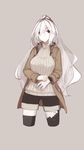  albino bangs black_legwear black_shorts blush breasts closed_mouth coat cropped_legs duffel_coat grey_background hair_over_one_eye highres light_smile long_hair looking_at_viewer medium_breasts mikoto_(oi_plus) open_clothes open_coat original ponytail red_eyes ribbed_sweater shorts simple_background smile solo sweater thighhighs turtleneck turtleneck_sweater white_hair 
