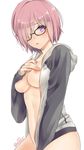  areola_slip areolae artist_name between_legs black-framed_eyewear blush breasts commentary_request covering covering_crotch covering_nipples fate/grand_order fate_(series) glasses hair_over_one_eye hand_between_legs hashimoto_(yanagi-momo) hood hood_down hooded_jacket hoodie jacket long_sleeves looking_at_viewer mash_kyrielight medium_breasts nipple_slip nipples no_bra no_panties open_clothes open_jacket parted_lips pink_hair purple_eyes shiny shiny_hair shirt_tug short_hair simple_background solo stomach twitter_username white_background 