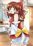  ascot ass bare_shoulders bloomers blush bow breasts brown_eyes brown_hair commentary cookie_(touhou) cooking curtains detached_sleeves dress hair_bow hair_tubes hakurei_reimu housewife kanna_(cookie) kitchen ladle long_hair looking_at_viewer mature medium_breasts meis_(terameisu) solo tasting touhou underwear 