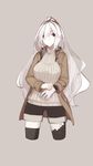  albino bad_id bad_twitter_id bangs black_legwear black_shorts blush breasts closed_mouth coat commentary_request cropped_legs duffel_coat grey_background hair_over_one_eye highres light_smile long_hair looking_at_viewer medium_breasts mikoto_(oi_plus) open_clothes open_coat original ponytail red_eyes ribbed_sweater shorts simple_background smile solo sweater thighhighs turtleneck turtleneck_sweater white_hair 